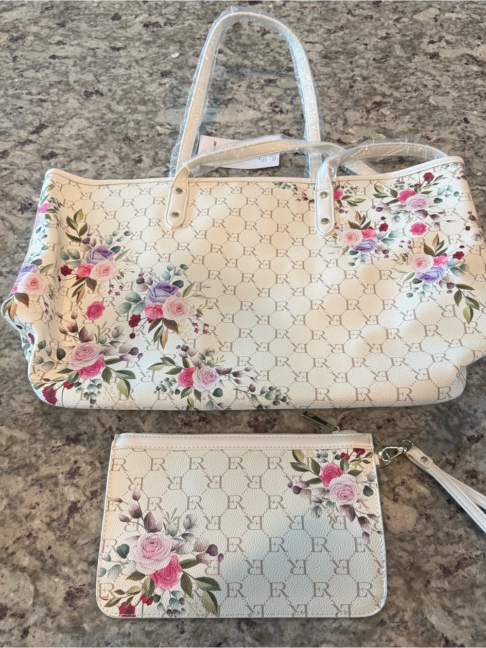 Floral Print White Tote Bag with Matching Wristlet